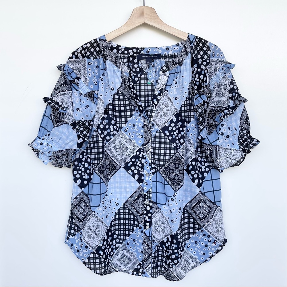 Tommy Hilfiger Blouse Patchwork Print Tiered Ruffled Sleeve V-Neck 100% Cotton